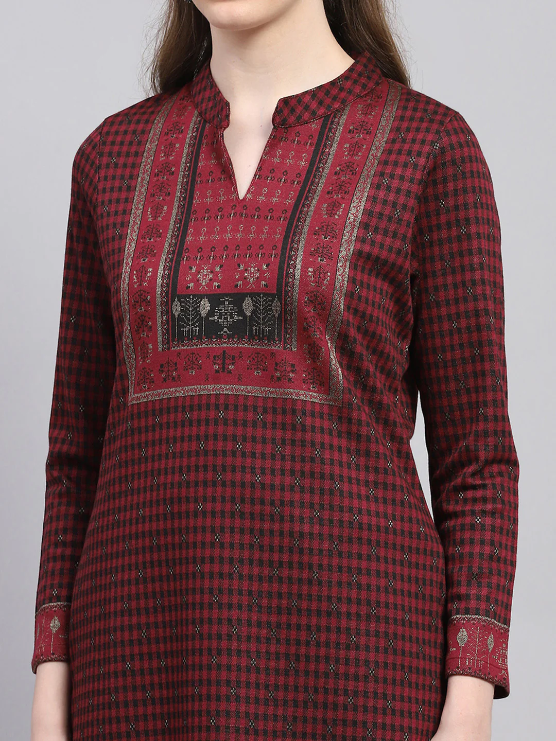 Women Maroon Printed Round Neck Full Sleeve Winter Kurti - Image 6