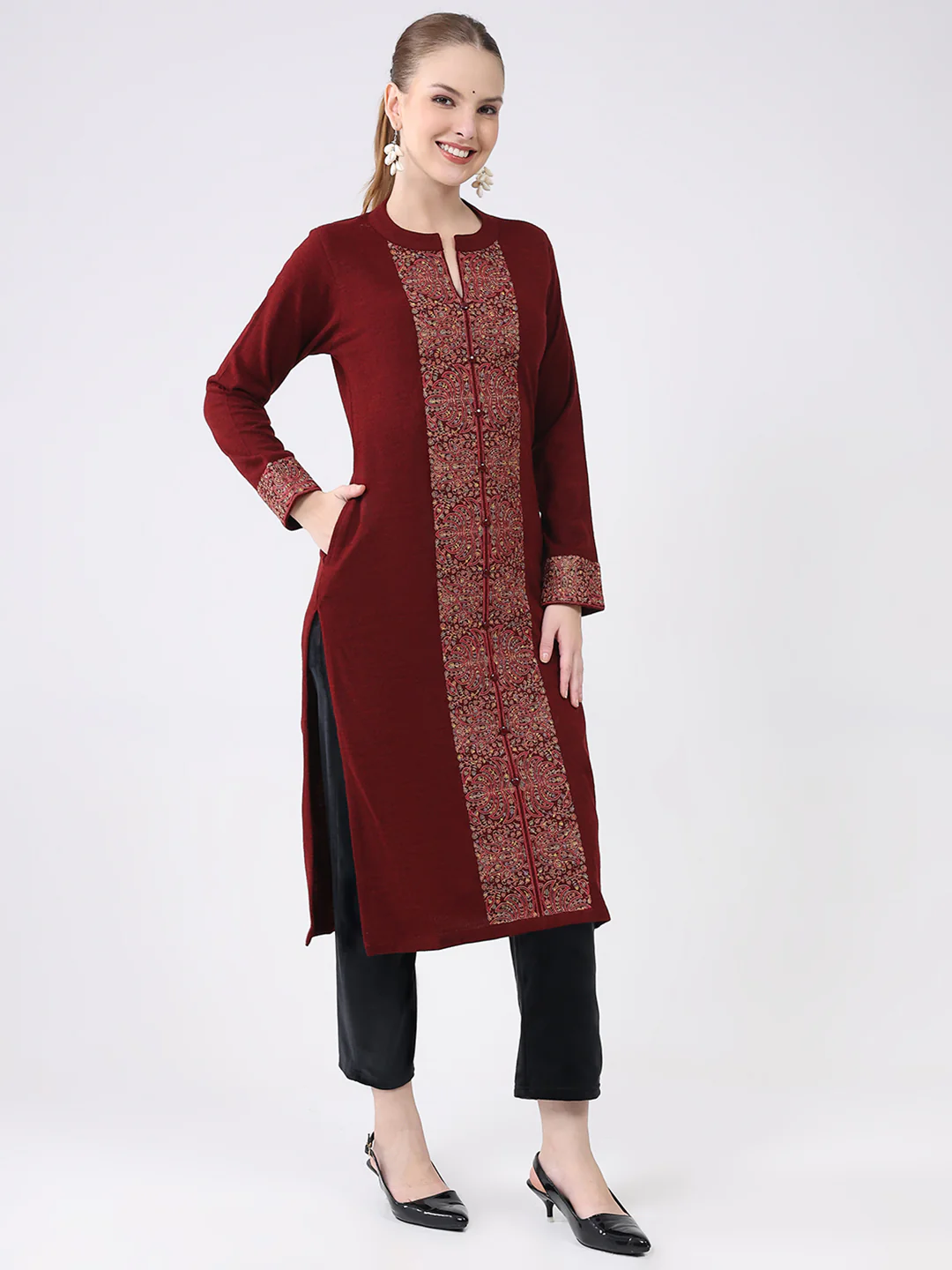Women Maroon Printed Round Neck Full Sleeve Winter Kurti - Image 4