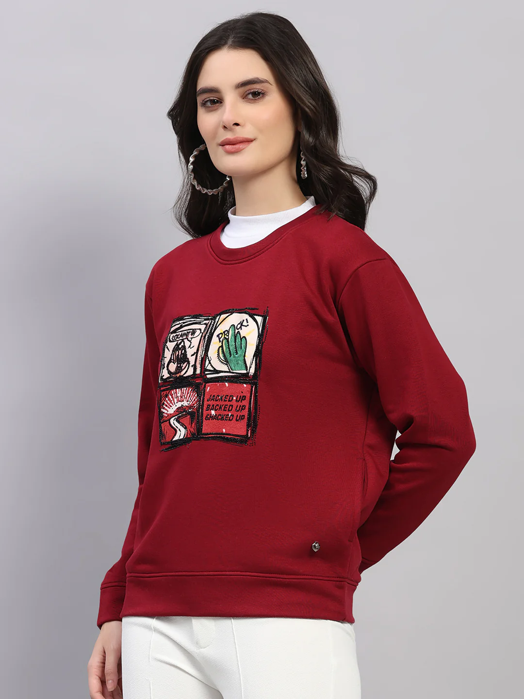 Women Maroon Printed Round Neck Full Sleeve Winter Top - Image 3