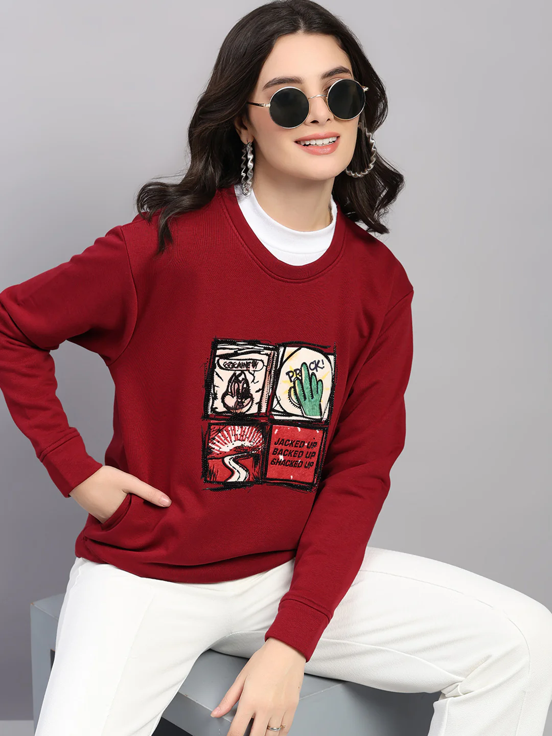 Women Maroon Printed Round Neck Full Sleeve Winter Top - Image 6