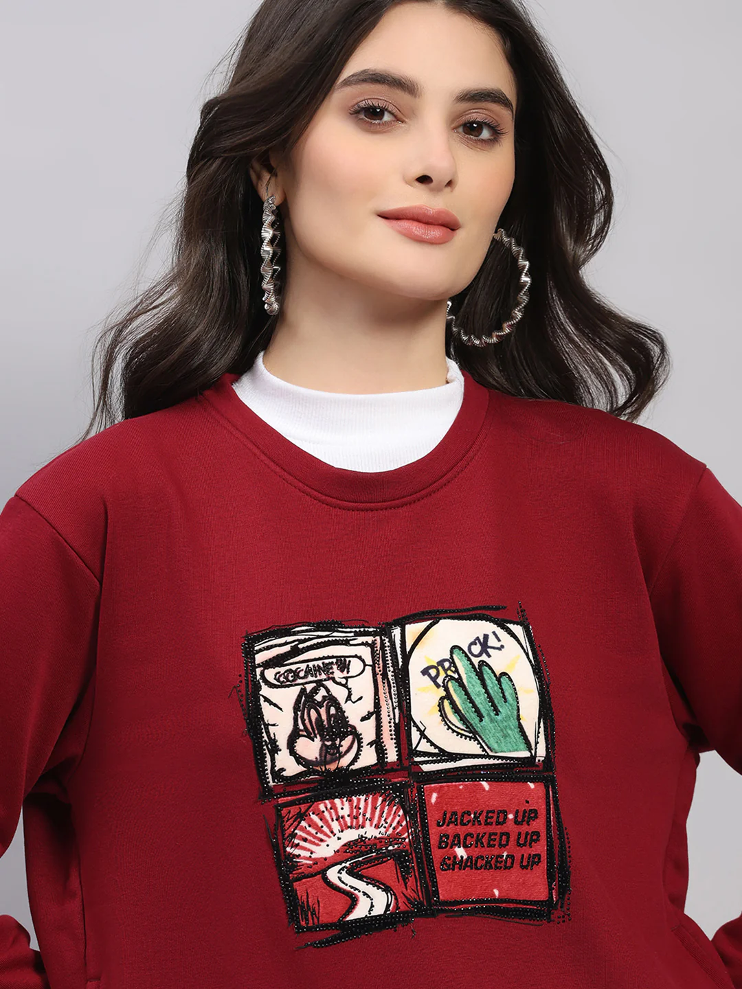 Women Maroon Printed Round Neck Full Sleeve Winter Top - Image 7