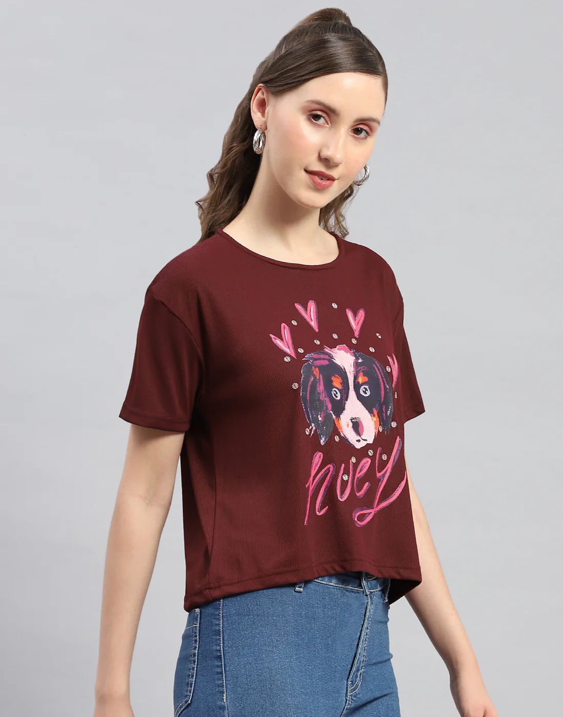 Women Maroon Printed Round Neck Half Sleeve Top - Image 4