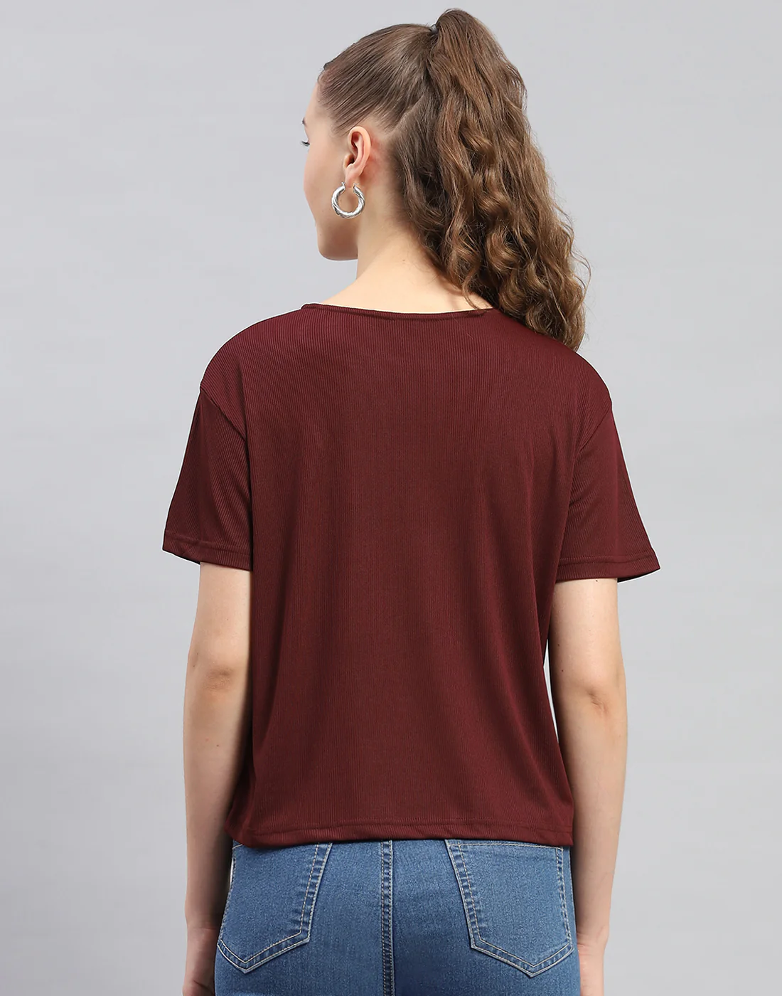 Women Maroon Printed Round Neck Half Sleeve Top - Image 5