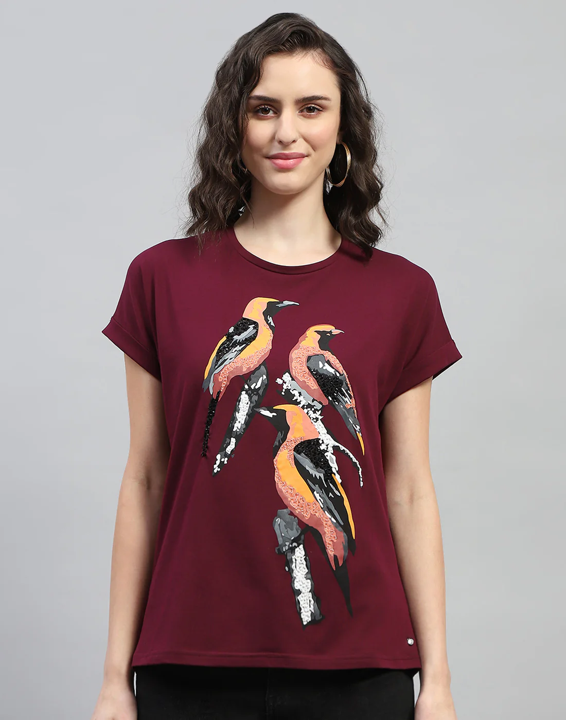 Women Maroon Printed Round Neck Half Sleeve Top - Image 2