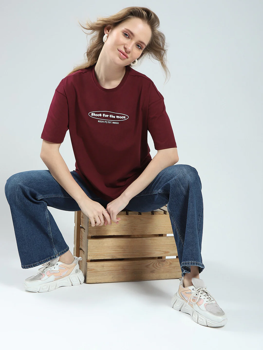 Rock.it Women Maroon Printed Round Neck Half Sleeve Top - Image 2