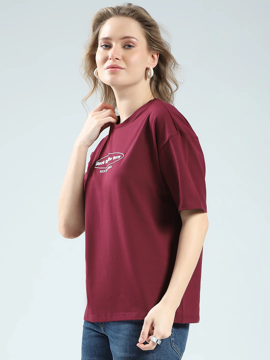 Rock.it Women Maroon Printed Round Neck Half Sleeve Top - Image 3