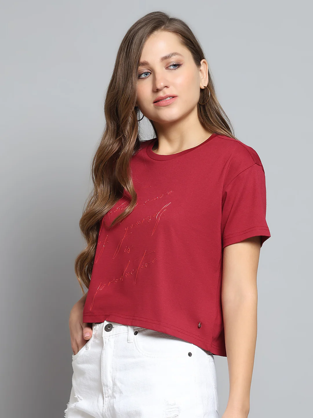 Women Maroon Printed Round Neck Half Sleeve Top - Image 3