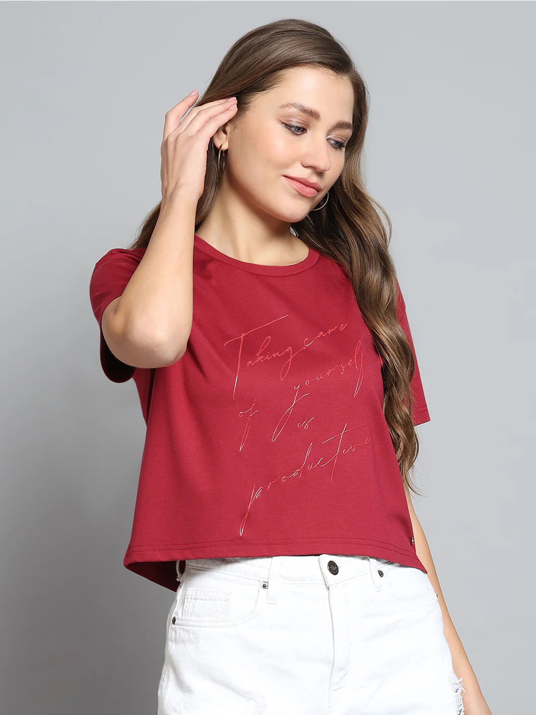 Women Maroon Printed Round Neck Half Sleeve Top - Image 4
