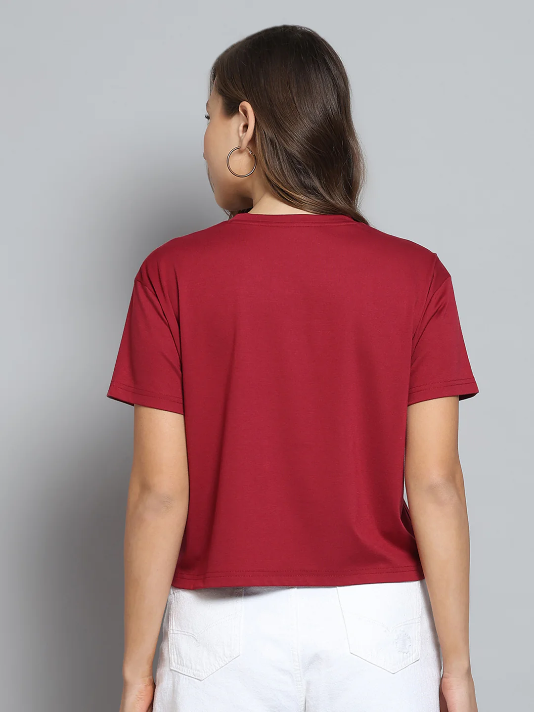 Women Maroon Printed Round Neck Half Sleeve Top - Image 5