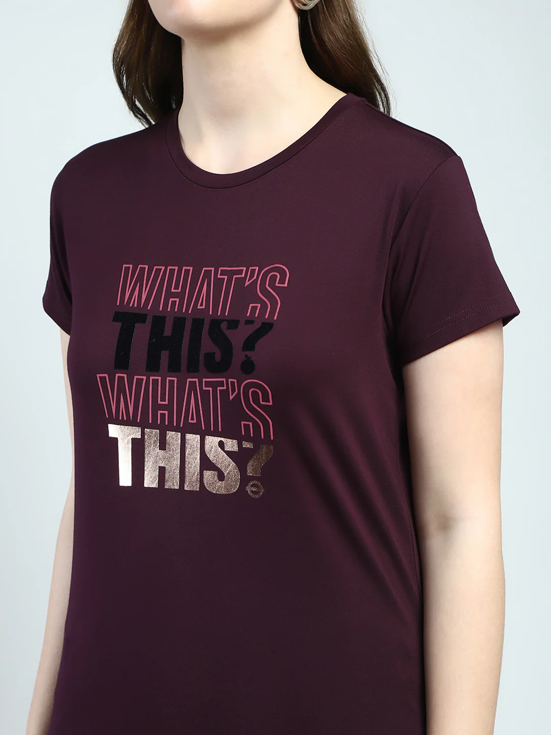 Women Maroon Printed Round Neck Half Sleeve Top - Image 6