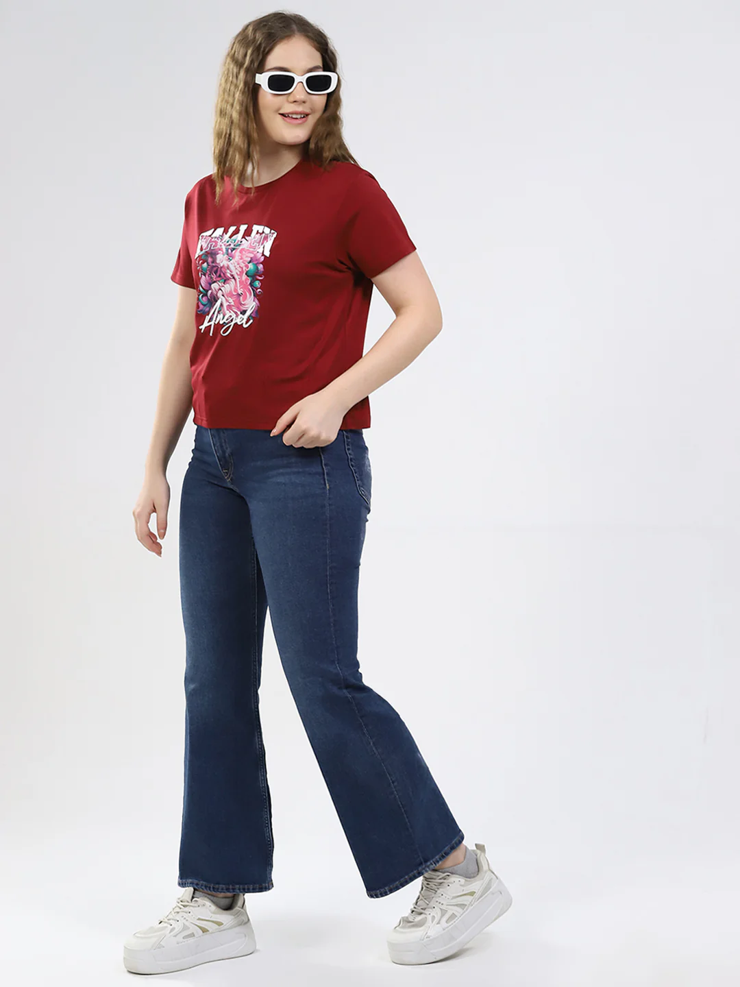 Women Maroon Printed Round Neck Half Sleeve Top - Image 2
