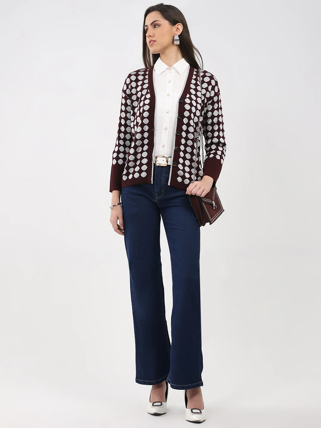 Women Maroon Printed V Neck Full Sleeve Cardigan - Image 2