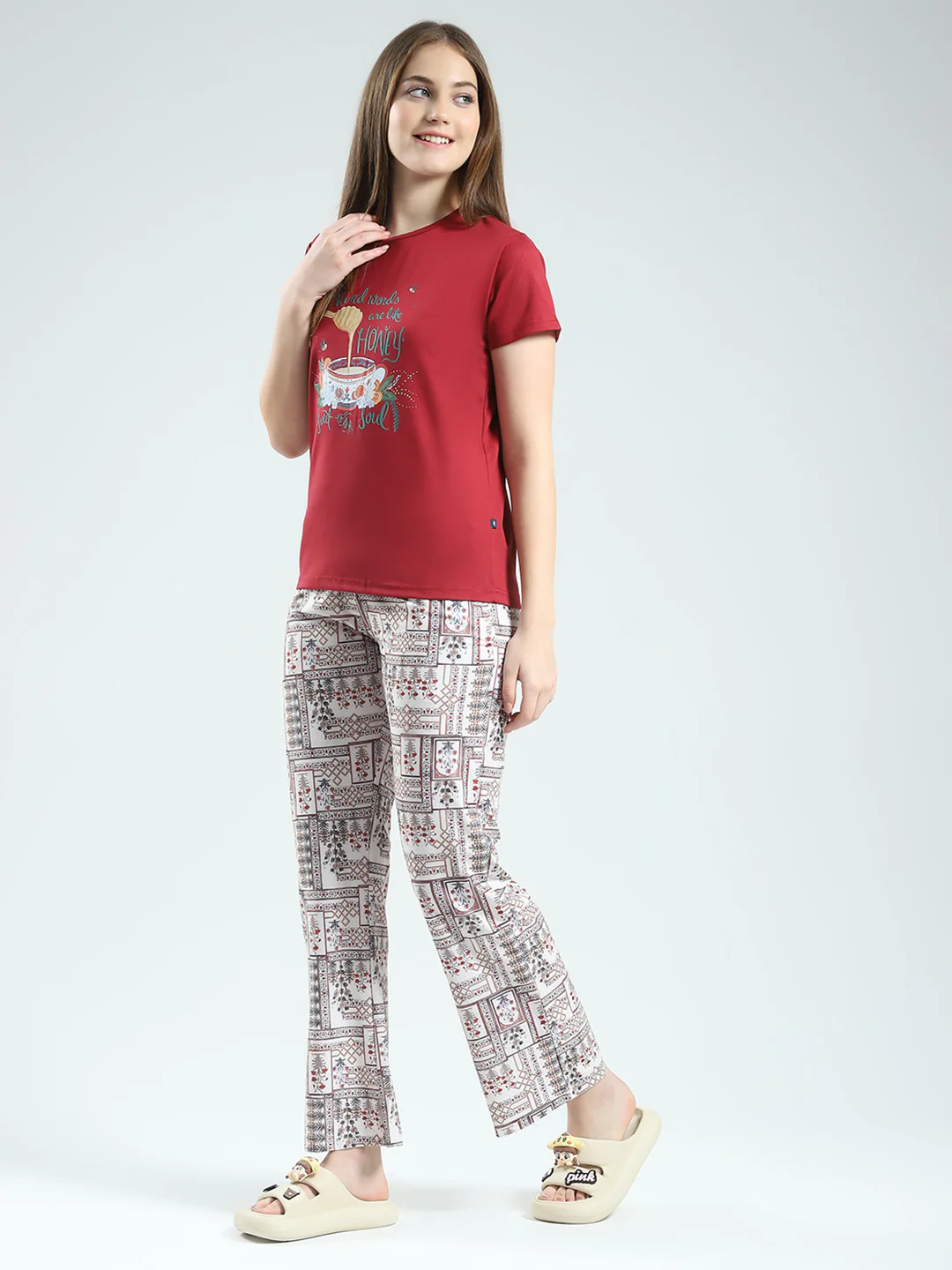 Women Maroon Printed Round Neck Half Sleeve Lower Set - Image 3