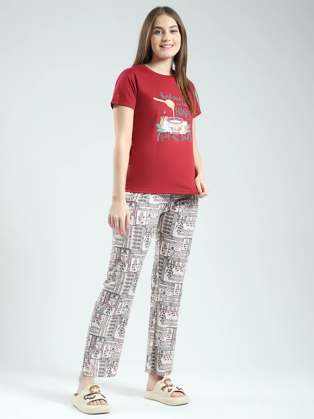Women Maroon Printed Round Neck Half Sleeve Lower Set - Image 4