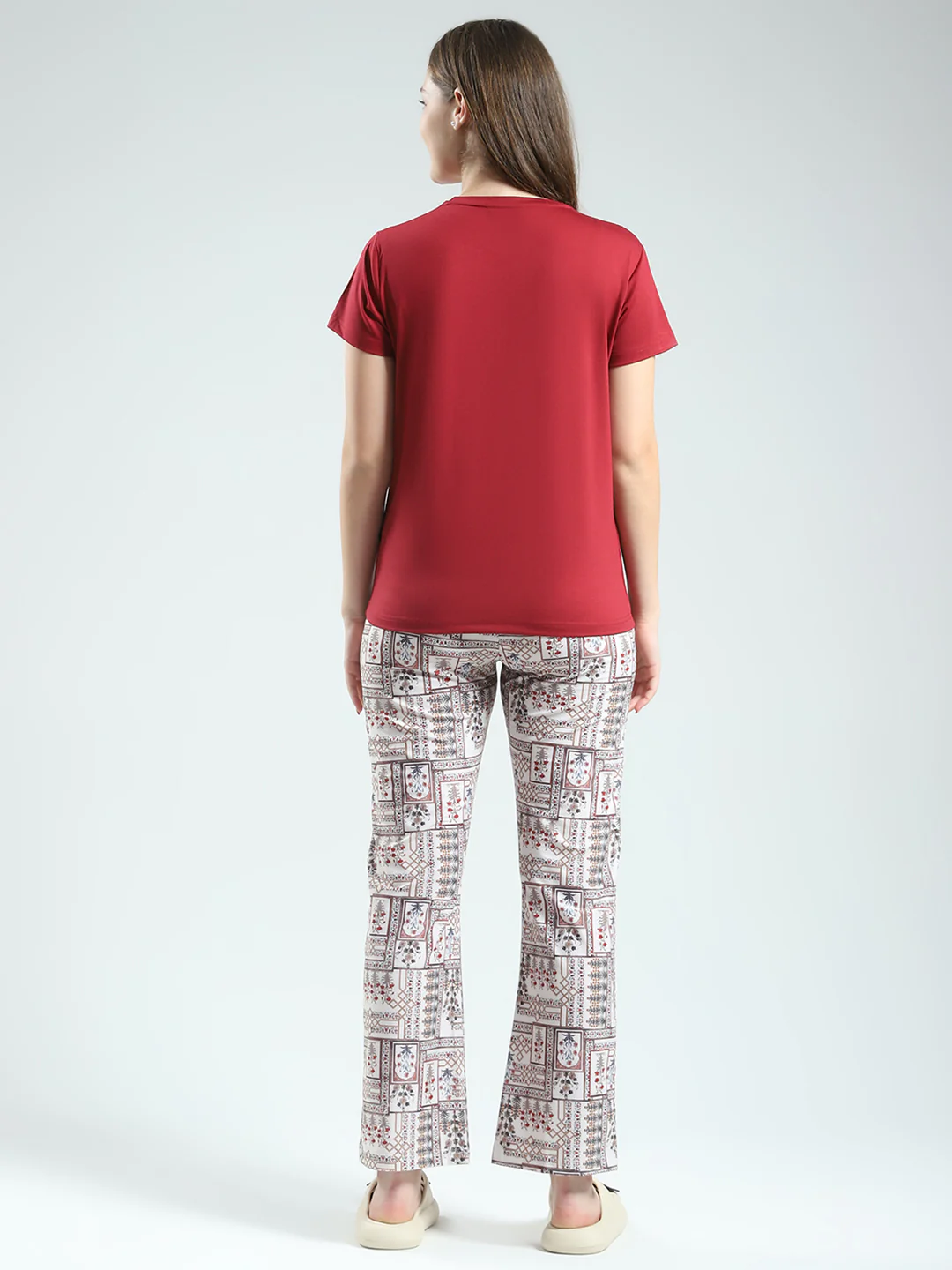 Women Maroon Printed Round Neck Half Sleeve Lower Set - Image 5