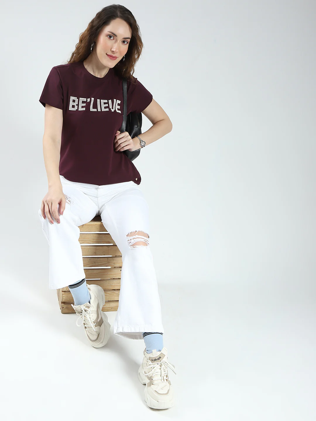 Women Maroon Printed Round Neck Half Sleeve Top - Image 2