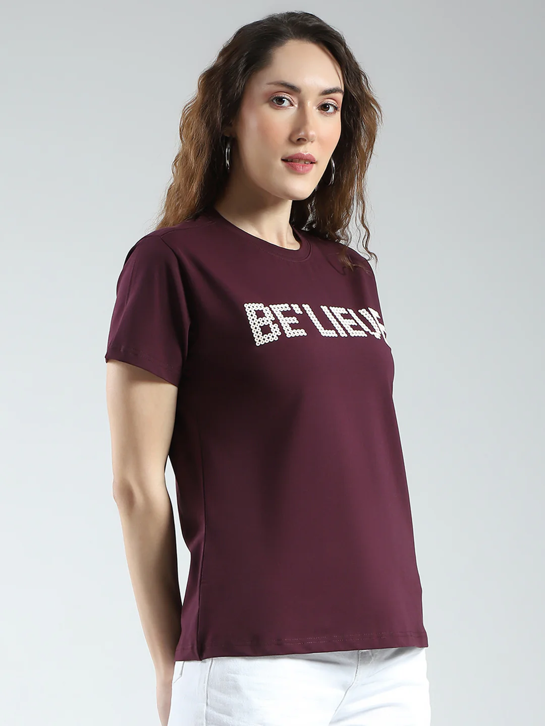 Women Maroon Printed Round Neck Half Sleeve Top - Image 4