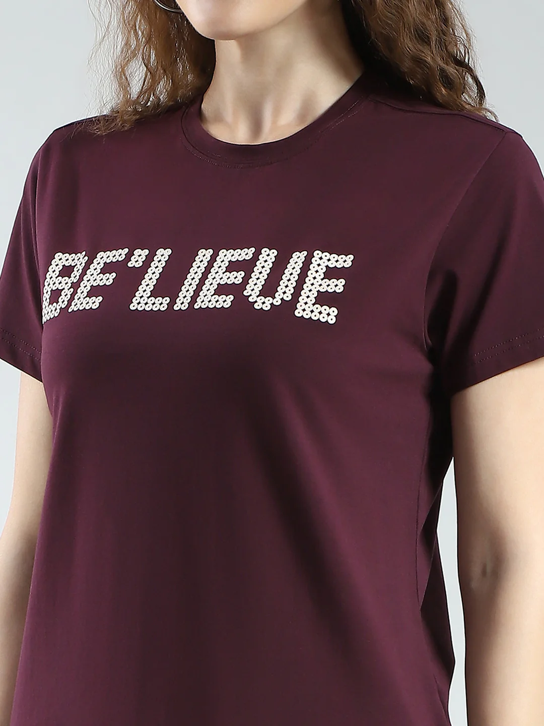 Women Maroon Printed Round Neck Half Sleeve Top - Image 7