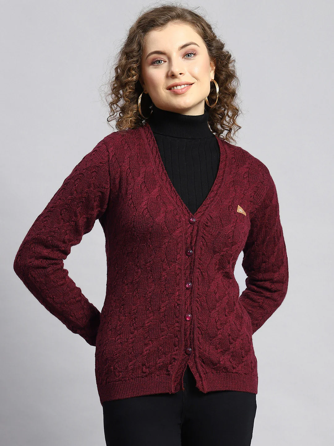 Women Maroon Self Cardigan - Image 2