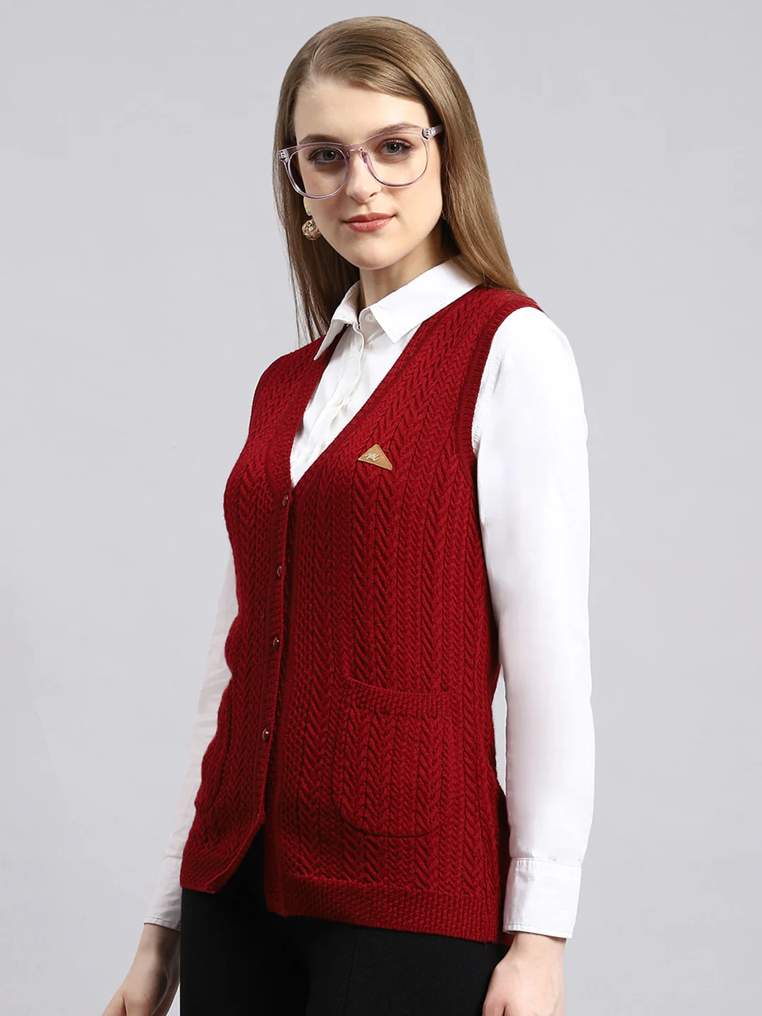 Women Maroon Self Cardigan - Image 3
