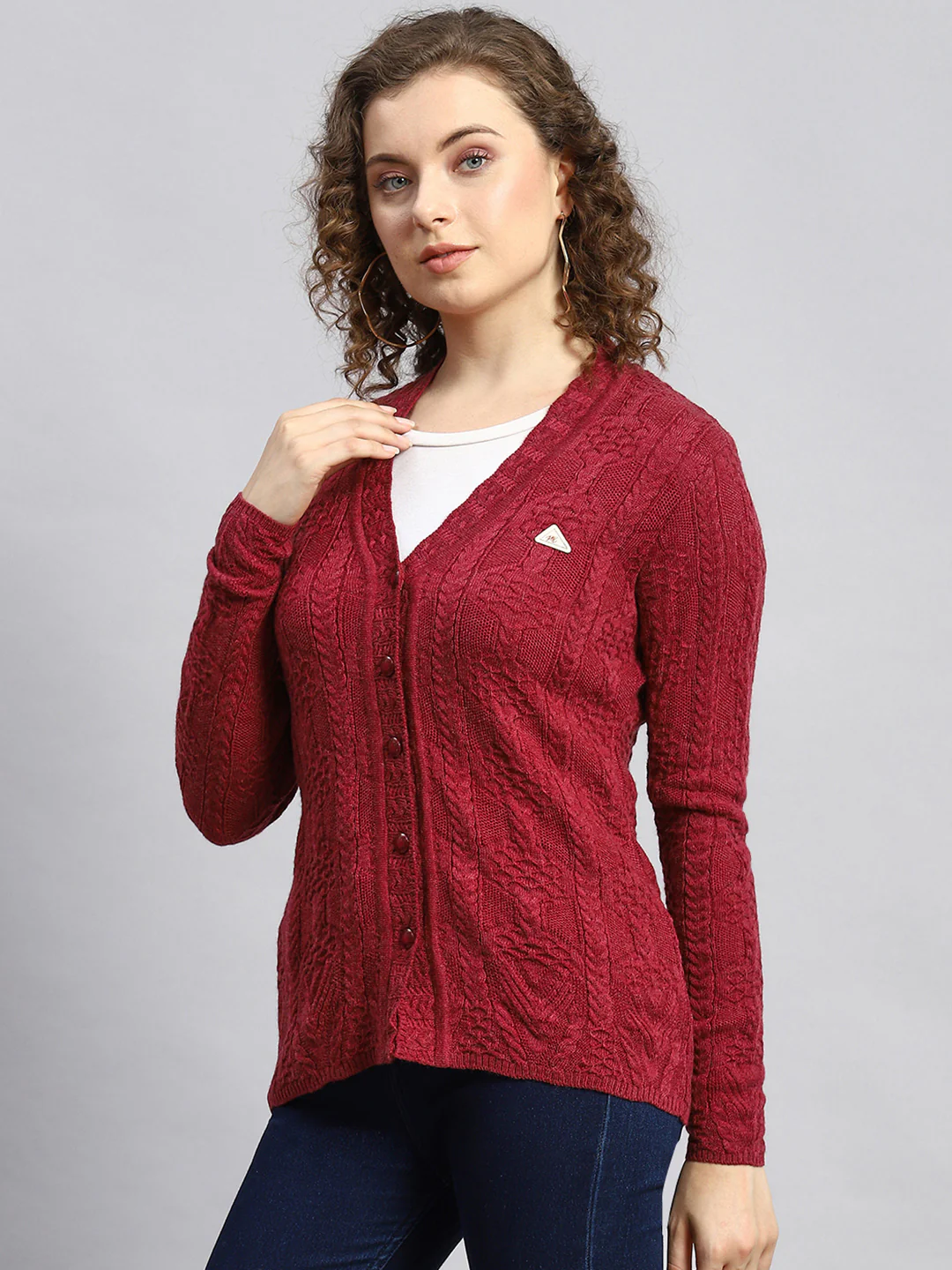 Women Maroon Self Cardigan - Image 4