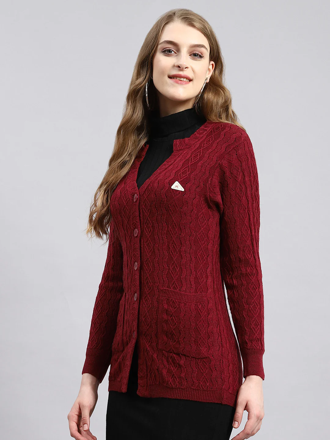 Women Maroon Self Cardigan - Image 3