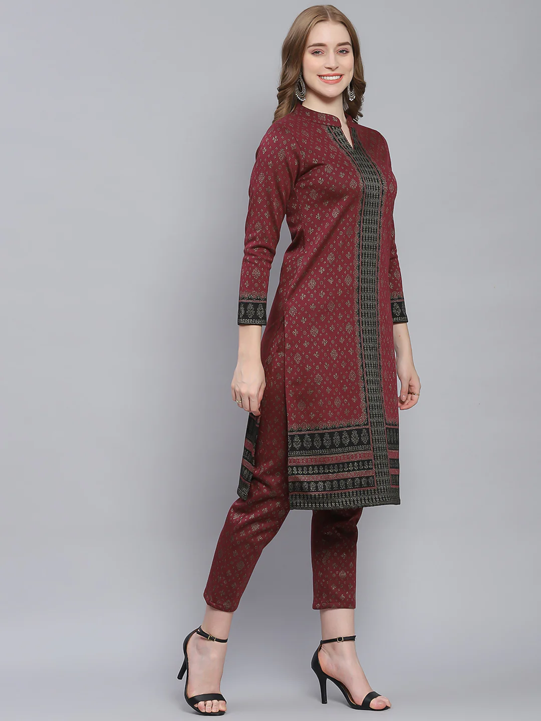 Women Maroon Self Design Collar Full Sleeve Kurtis Set - Image 5