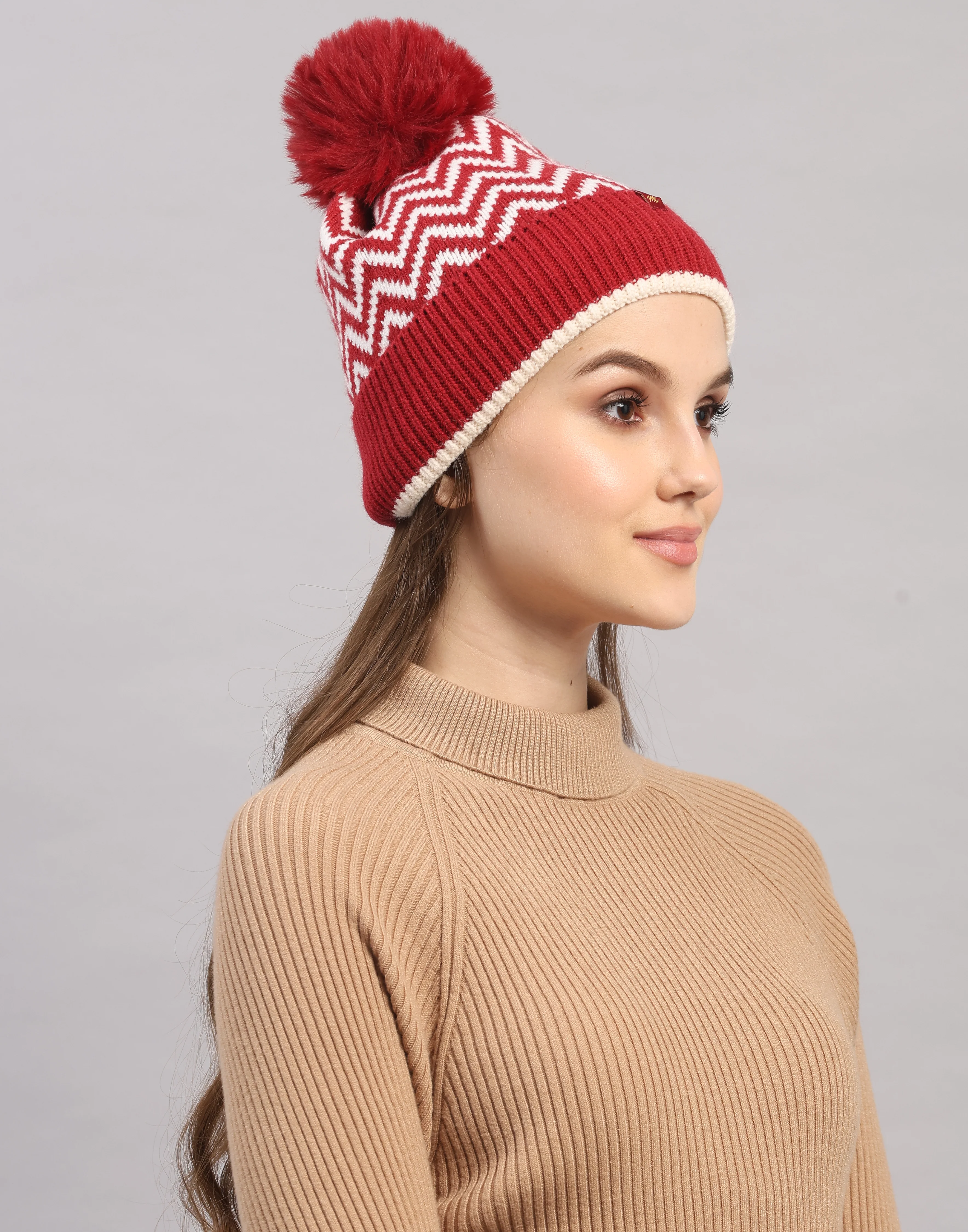 Women Maroon Self Design Blend Wool Cap - Image 4