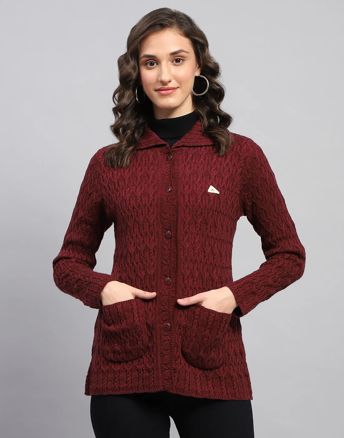 Women Maroon Self Design Collar Full Sleeve Cardigan - Image 2