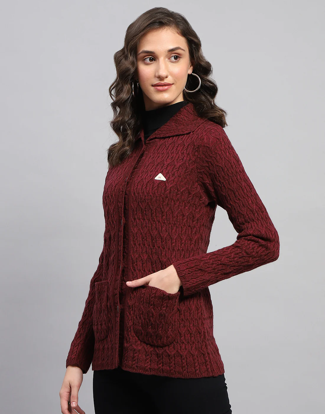 Women Maroon Self Design Collar Full Sleeve Cardigan - Image 3