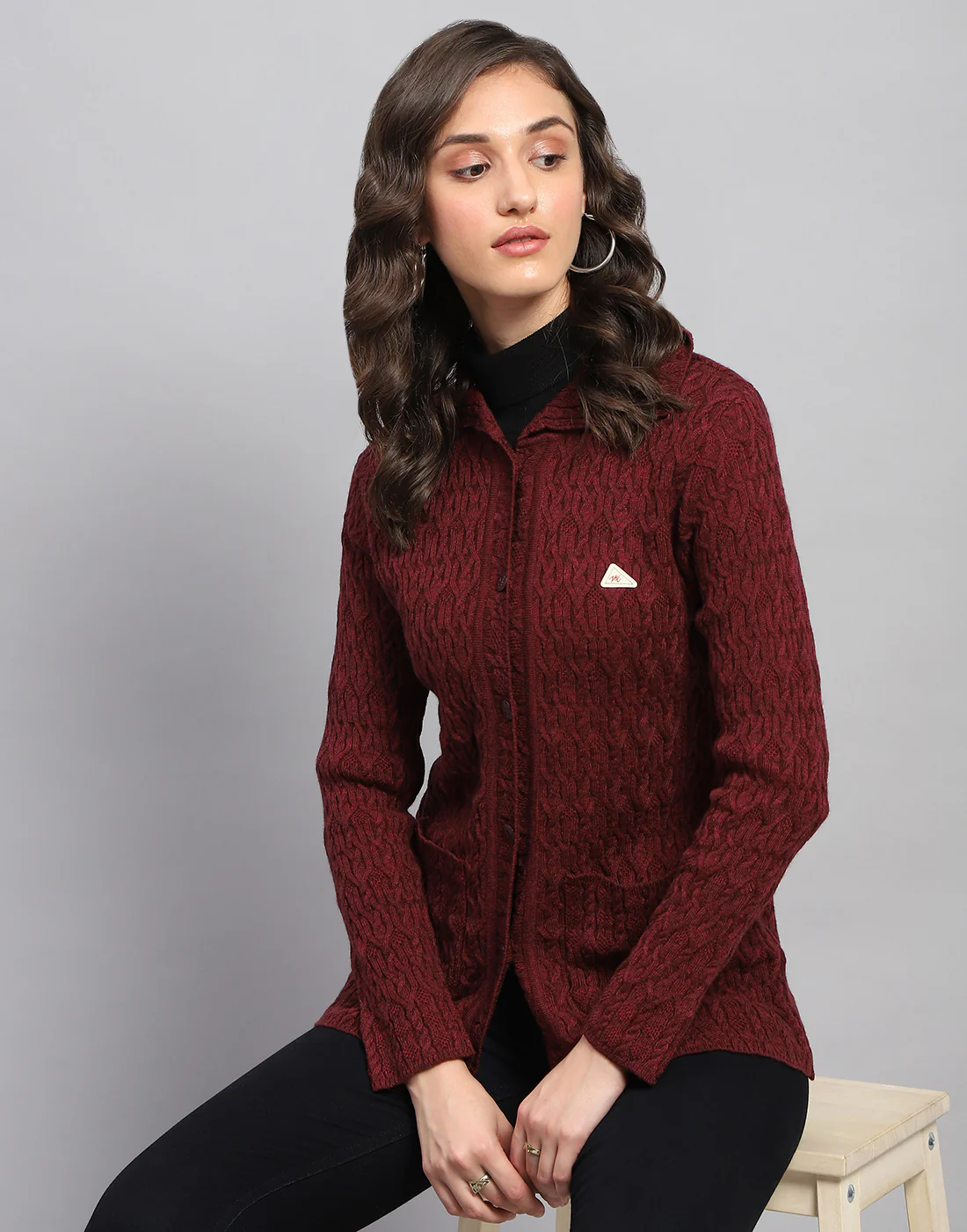 Women Maroon Self Design Collar Full Sleeve Cardigan - Image 6