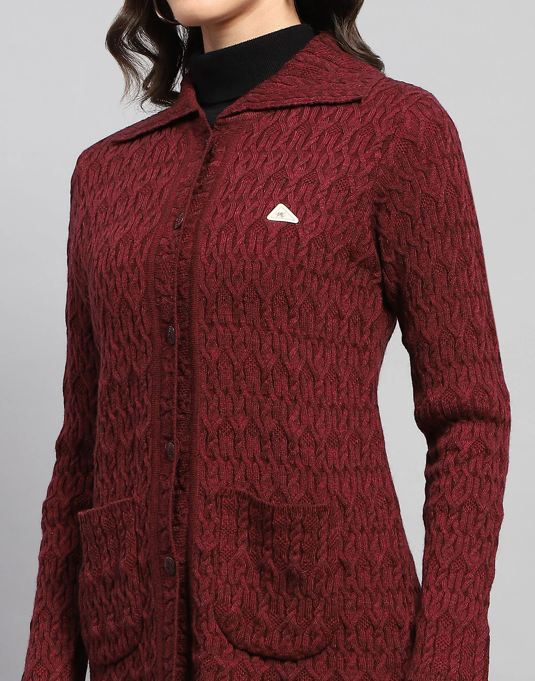 Women Maroon Self Design Collar Full Sleeve Cardigan - Image 7