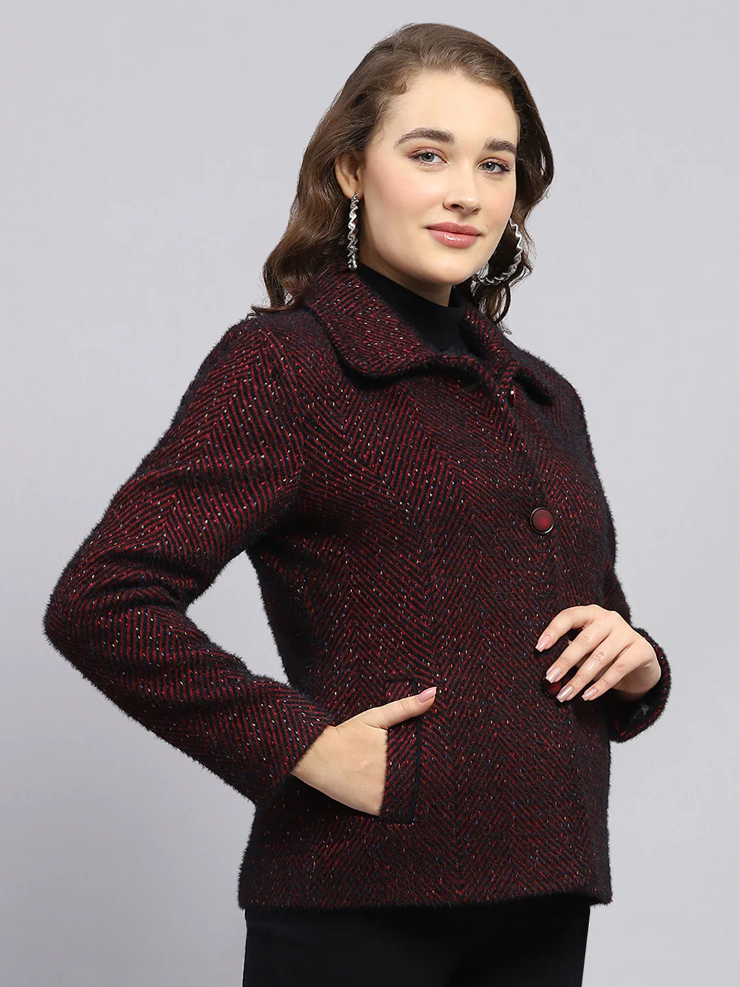 Women Maroon Self Design Collar Full Sleeve Coat - Image 4