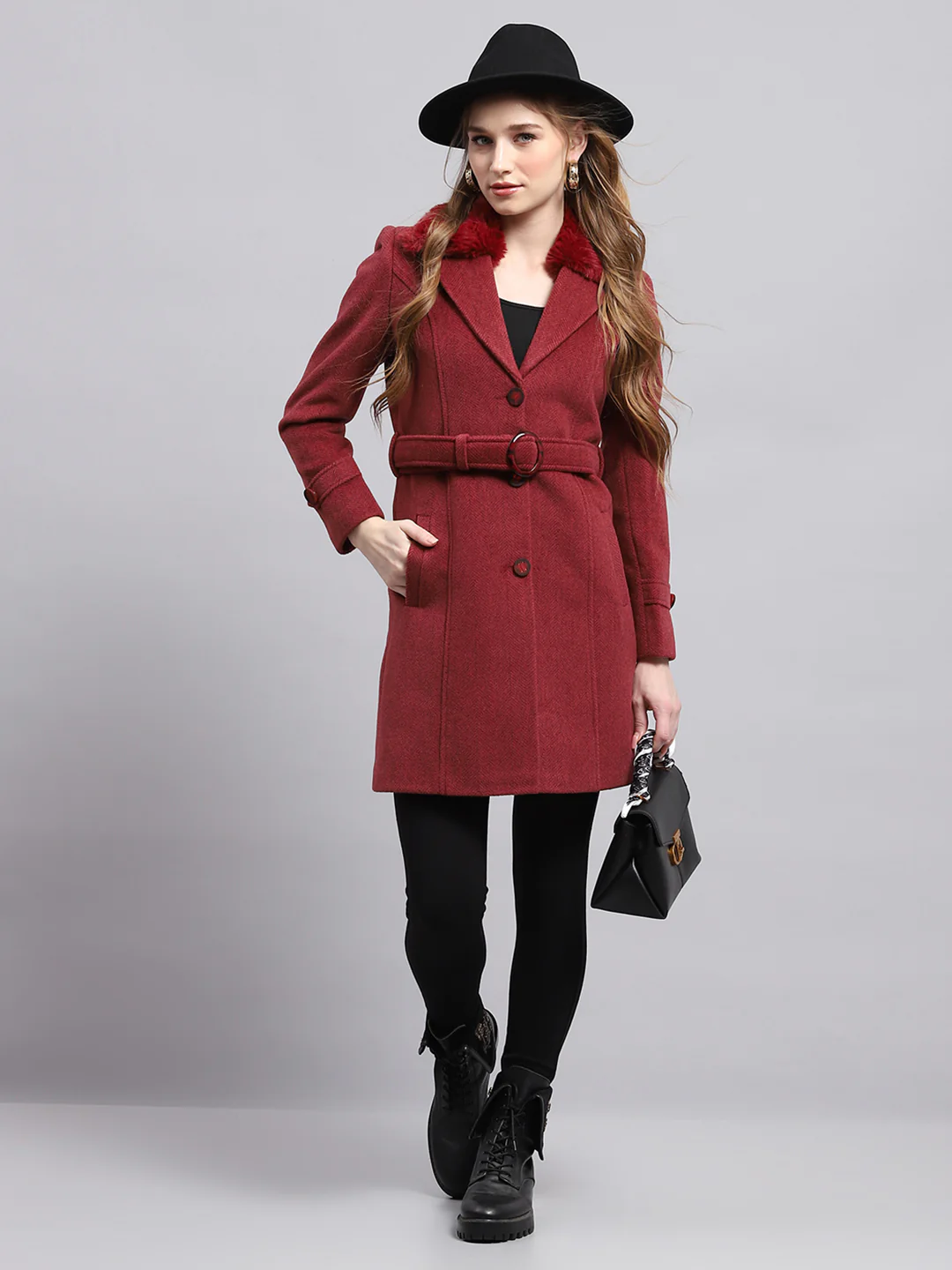 Women Maroon Self Design Collar Full Sleeve Coat - Image 2