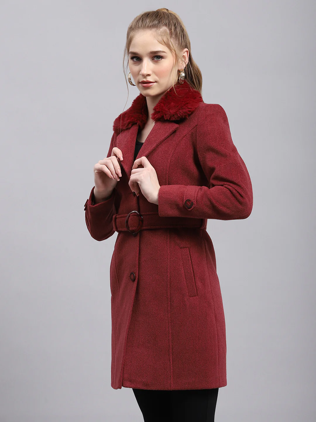 Women Maroon Self Design Collar Full Sleeve Coat - Image 3