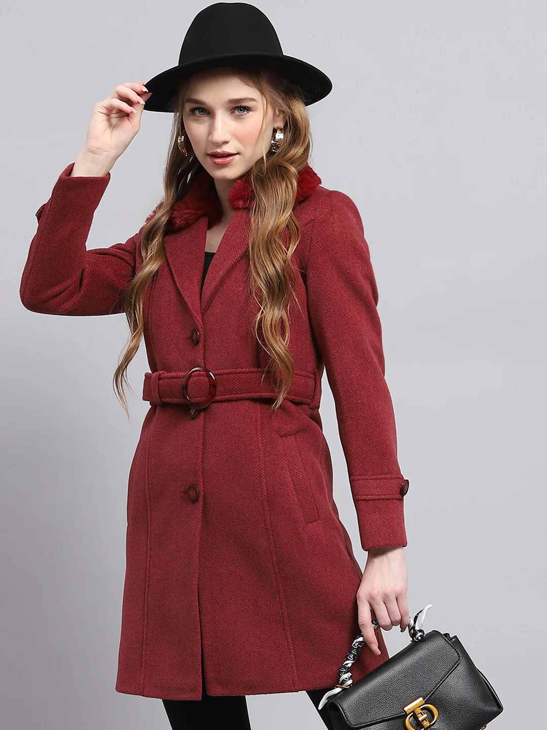 Women Maroon Self Design Collar Full Sleeve Coat - Image 6
