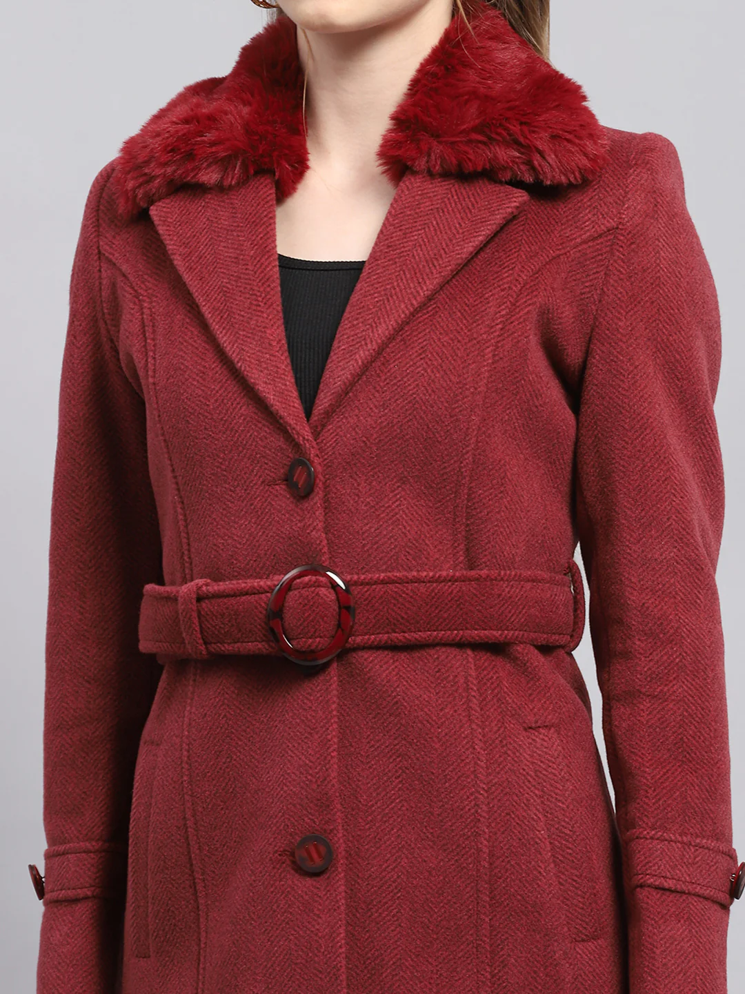 Women Maroon Self Design Collar Full Sleeve Coat - Image 7