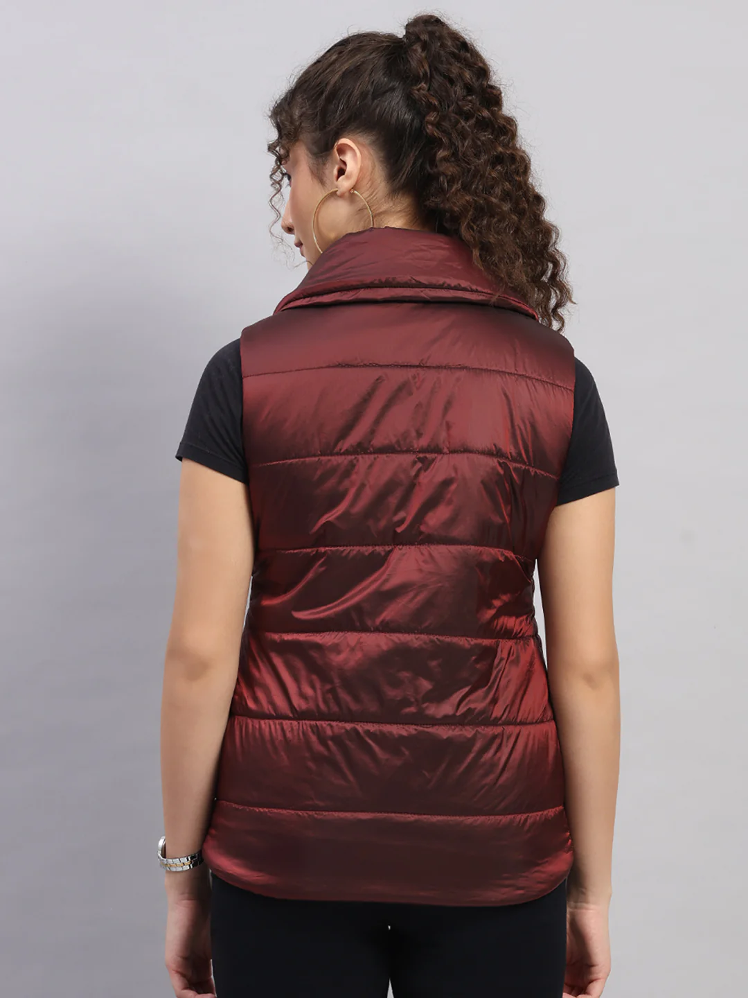 Women Maroon Self Design Collar Sleeveless Jacket - Image 5