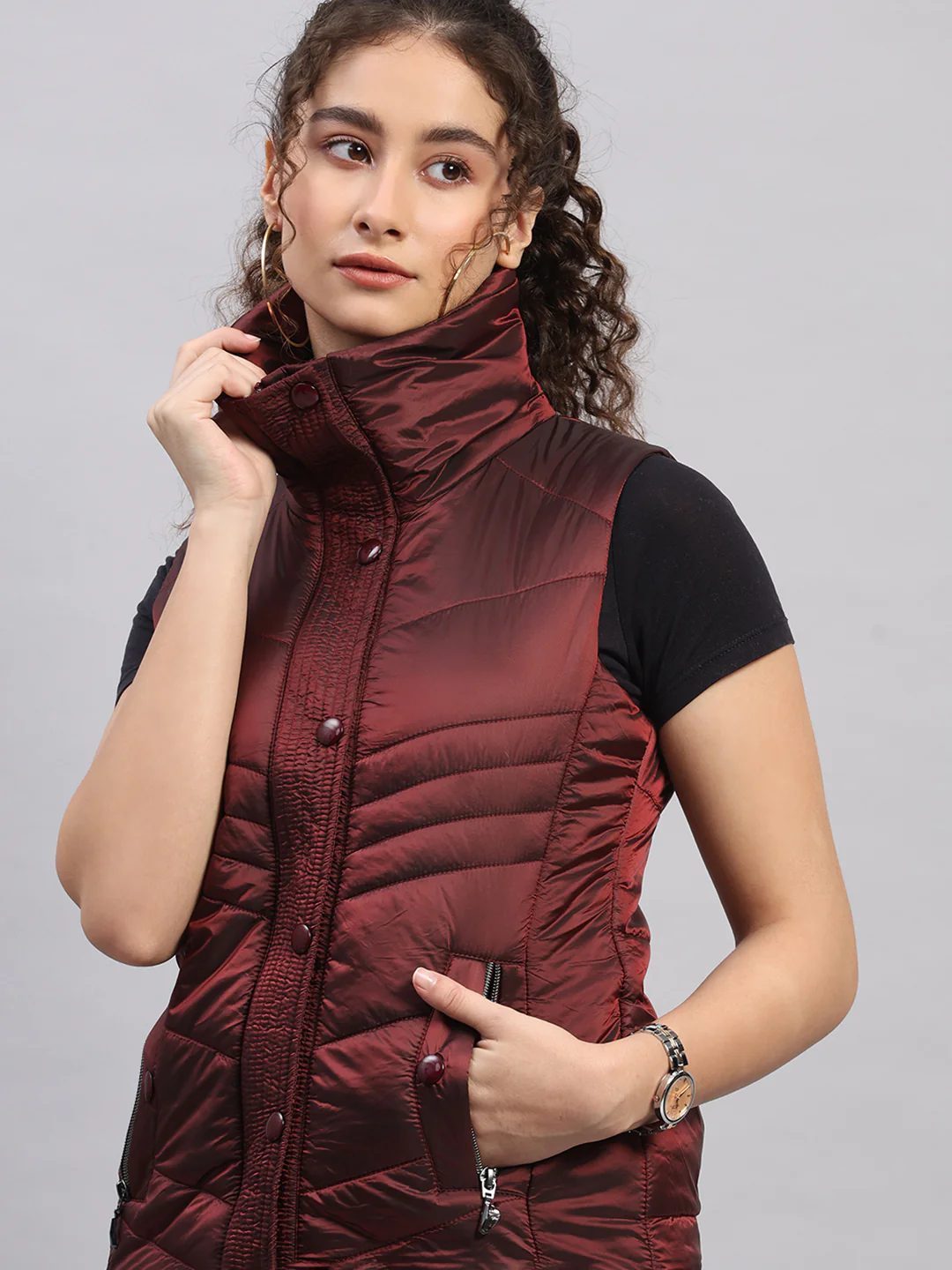 Women Maroon Self Design Collar Sleeveless Jacket - Image 6