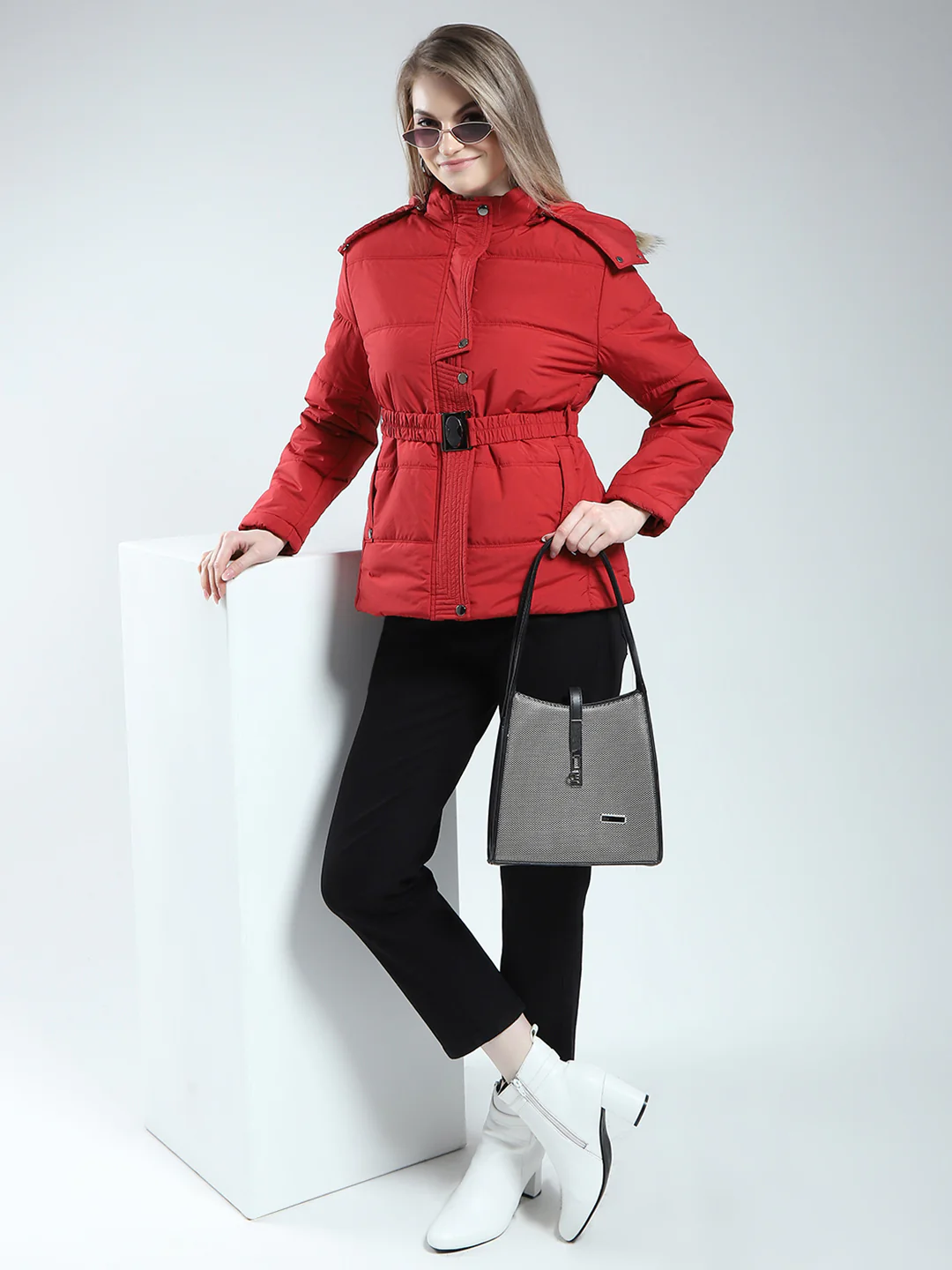 Women Maroon Self Design Detachable Hood Full Sleeve Jacket - Image 2