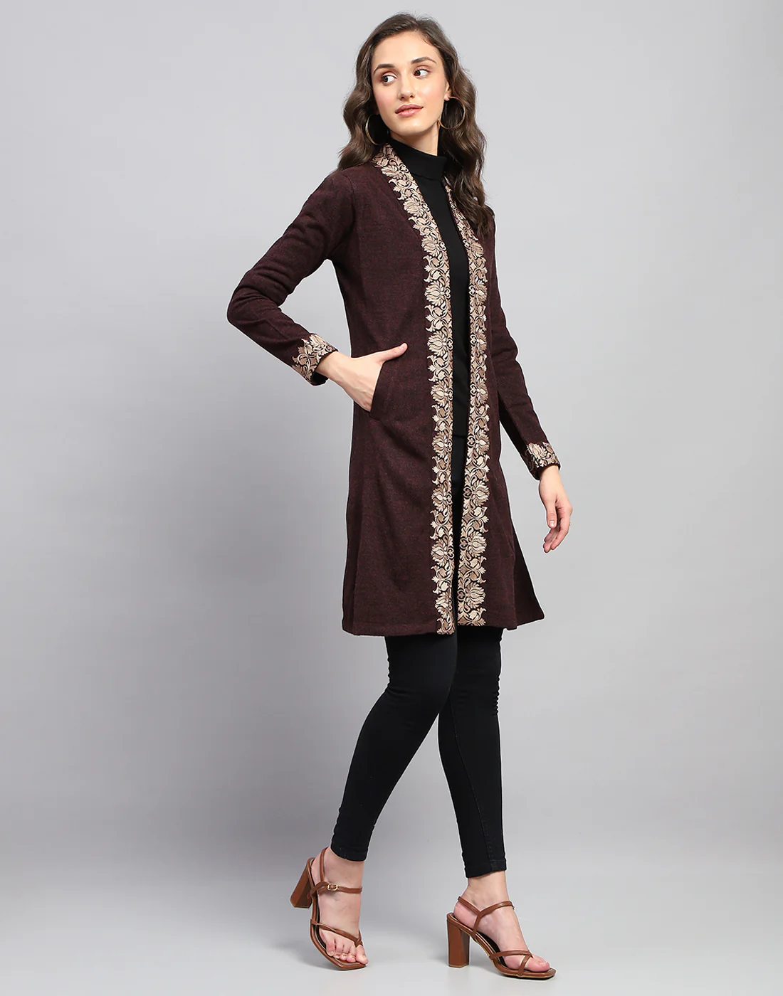 Women Maroon Self Design Front Open Full Sleeve Cardigan - Image 5