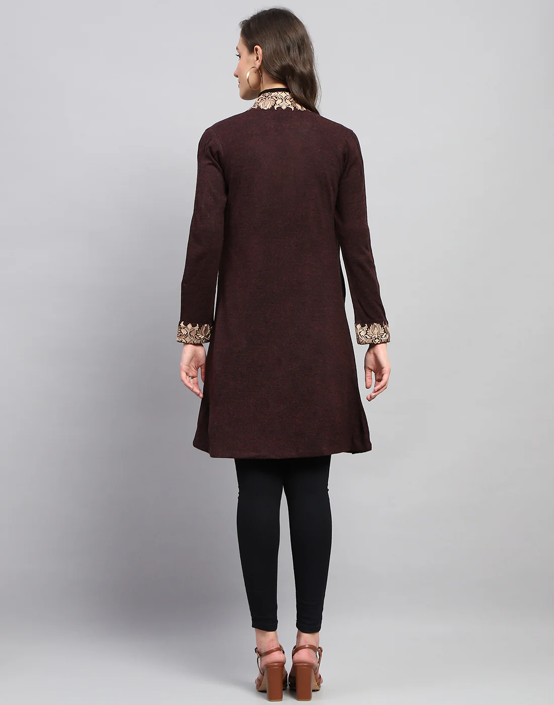 Women Maroon Self Design Front Open Full Sleeve Cardigan - Image 6