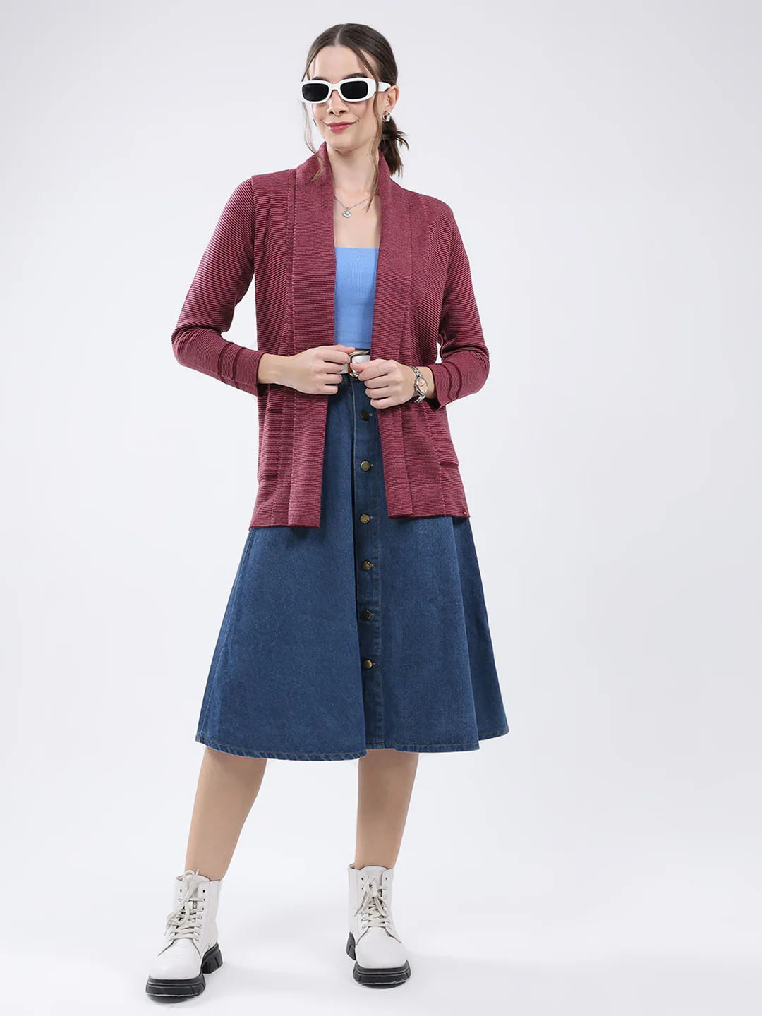 Women Maroon Self Design Front Open Full Sleeve Cardigan - Image 2