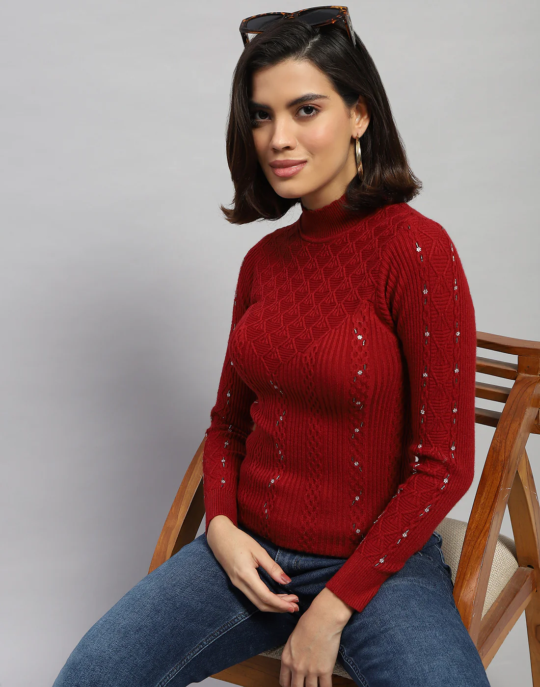 Women Maroon Self Design High Neck Full Sleeve Sceavy - Image 6