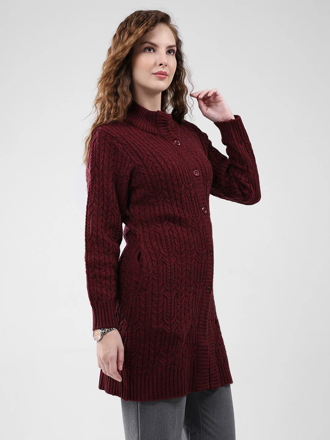 Women Maroon Self Design Mock Neck Full Sleeve Cardigan - Image 4