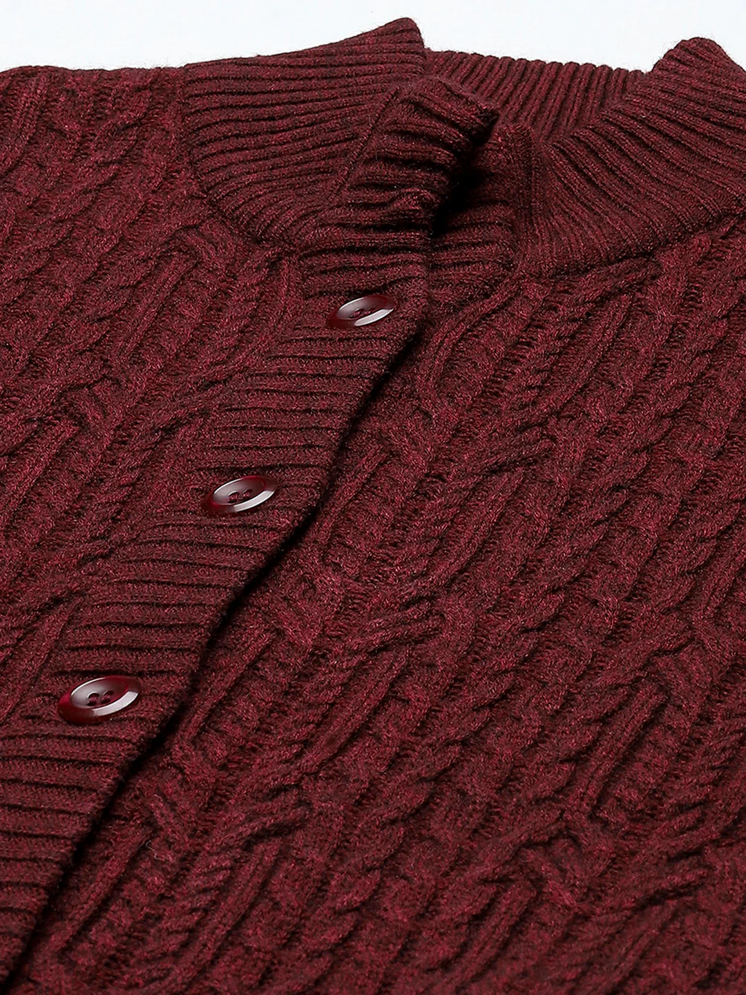 Women Maroon Self Design Mock Neck Full Sleeve Cardigan - Image 7