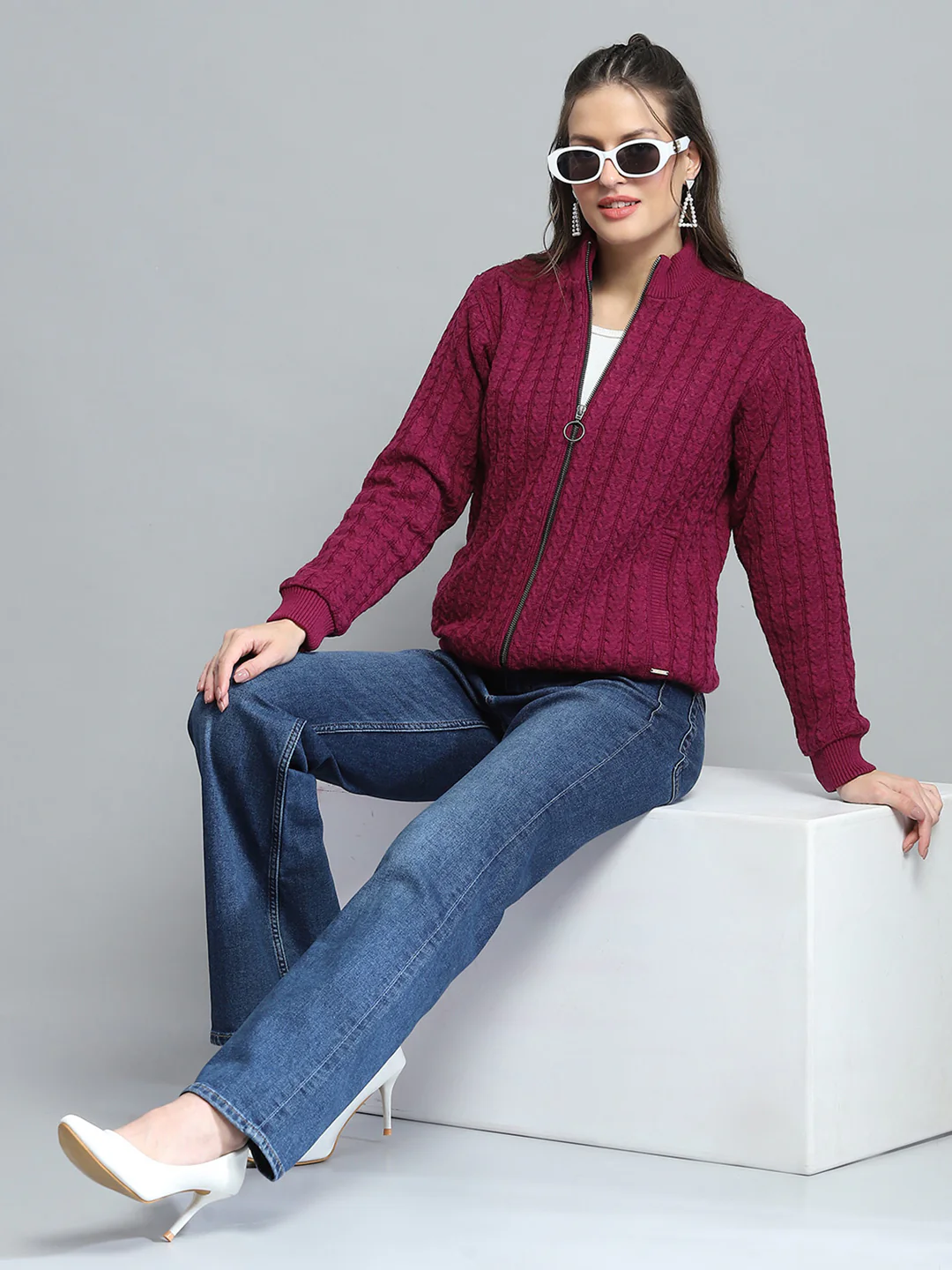 Women Maroon Self Design Mock Neck Full Sleeve Jacket - Image 2