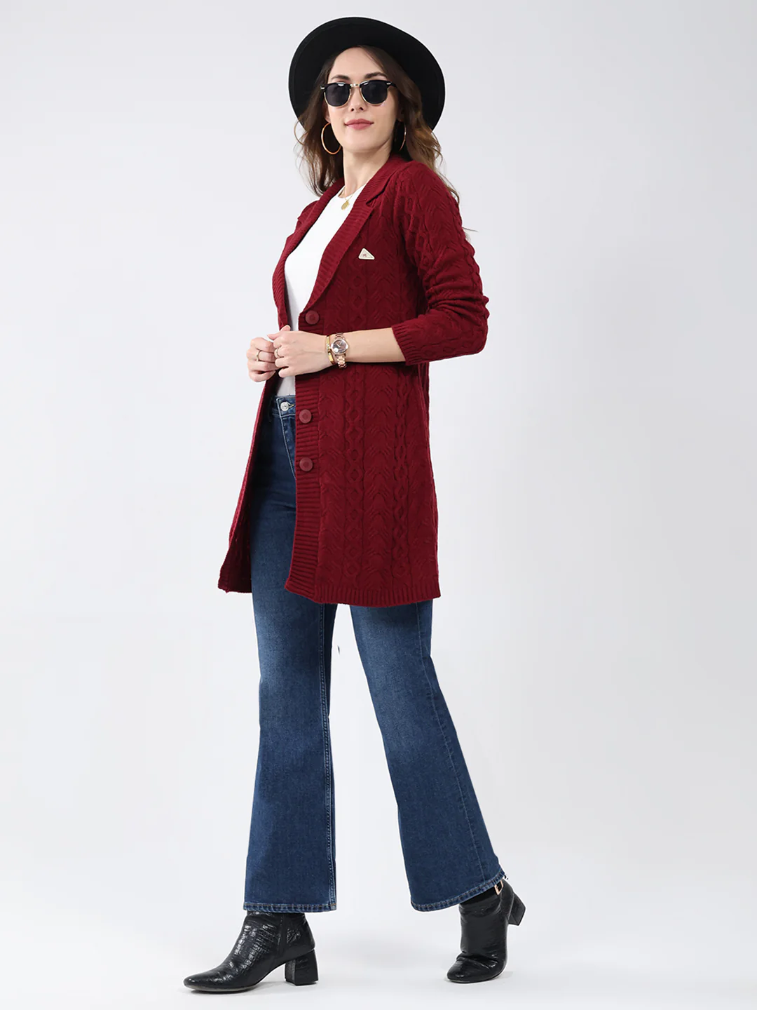 Women Maroon Self Design Notch Lapel Collar Full Sleeve Cardigan - Image 2