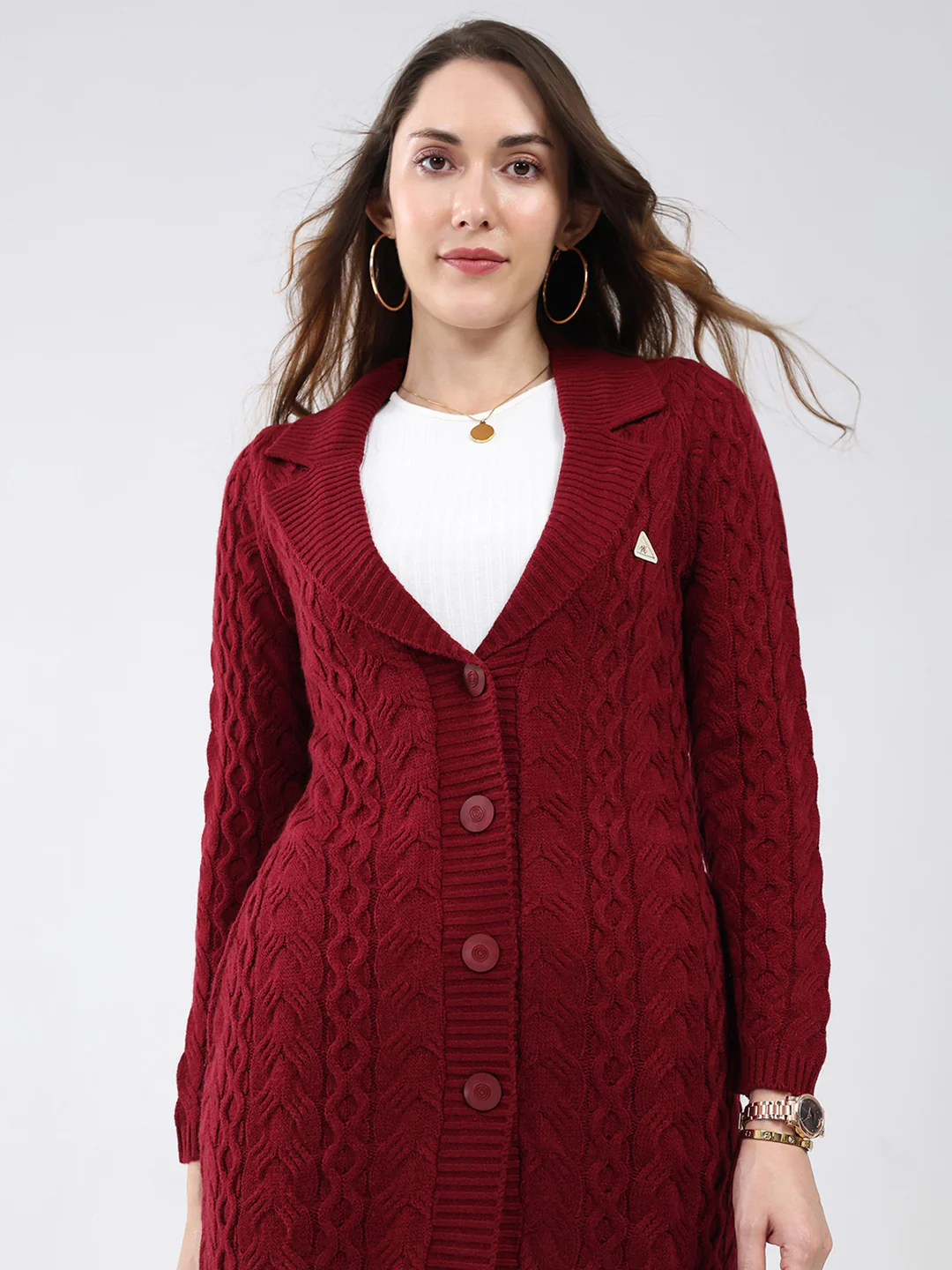 Women Maroon Self Design Notch Lapel Collar Full Sleeve Cardigan - Image 6