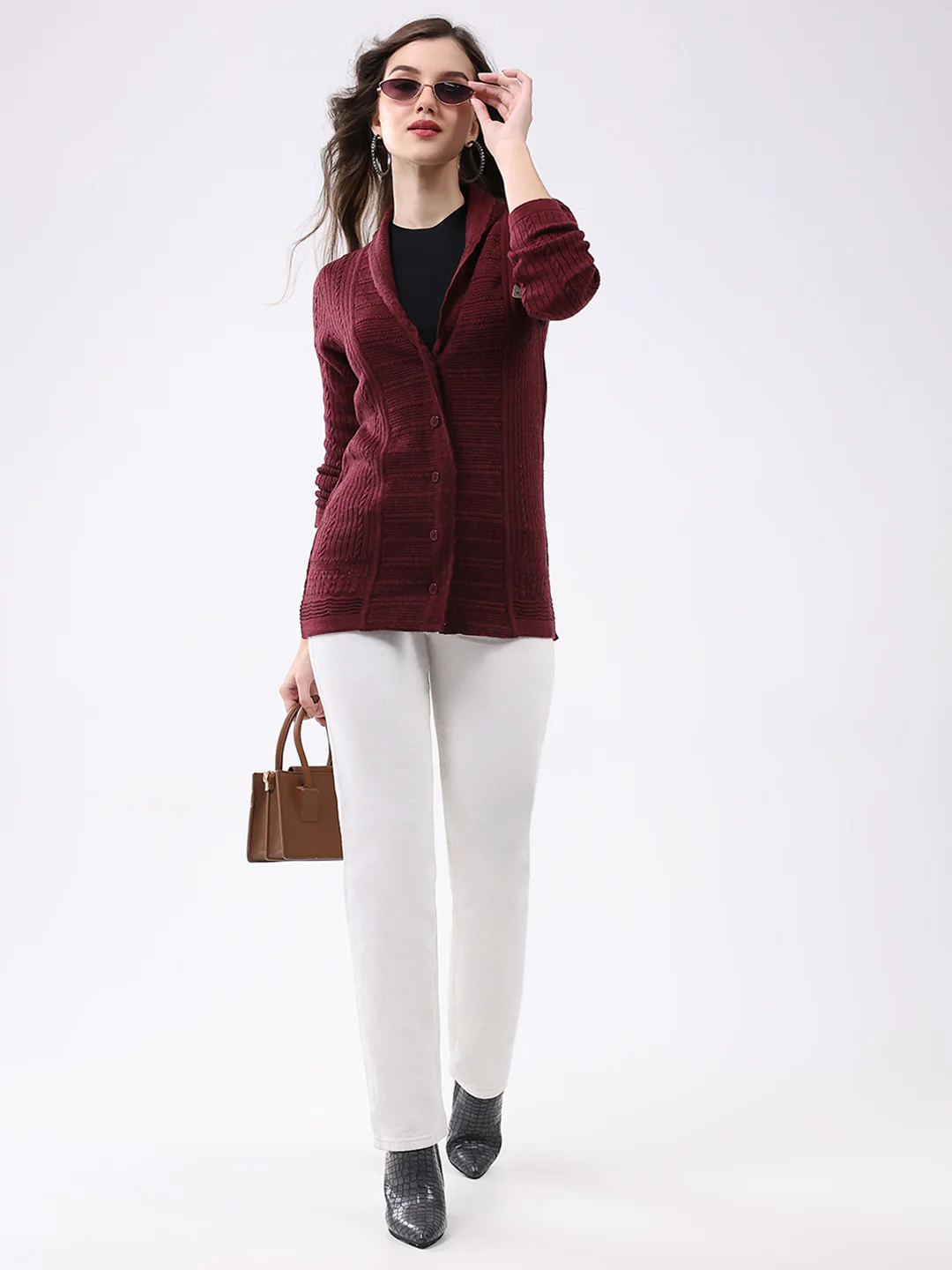 Women Maroon Self Design Notch Lapel Collar Full Sleeve Cardigan - Image 2